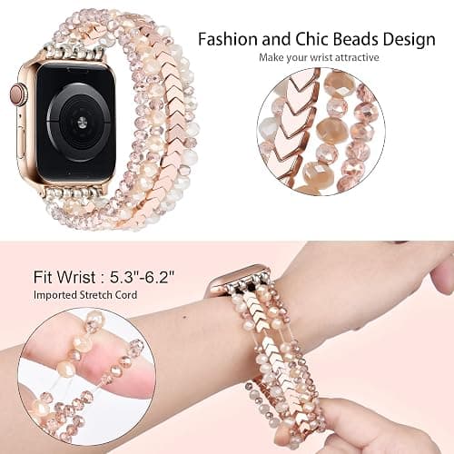 MOFREE Beaded Bracelet Compatible with Apple Watch Band 38mm/40mm/41mm/42mm, Fashion Elastic Stretch Women Bands for iWatch Series 11/10/9/8/7/SE/6/5/4/3/2/1 iPhone Watch Strap Bands Rose Gold thumbnail 3
