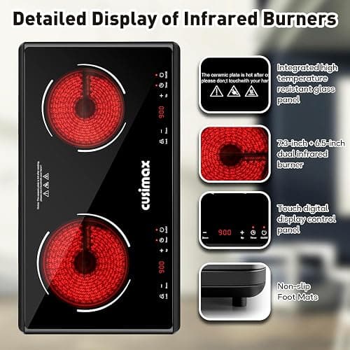 Electric Stove,Cusimax Electric Hot Plate for Home,9 Temperature and 1800w Power Level,Double Infrared Burner with Sensor Touch,Kids Safety Lock,Timer,Ceramic Countertop Stove thumbnail 3