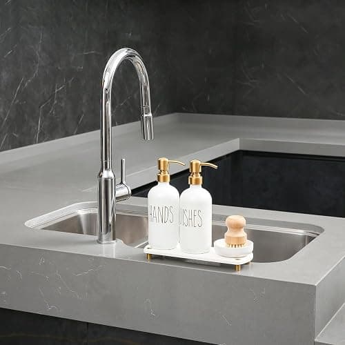MOMEEMO Gold Soap Dispenser Set Comes with Stainless Steel Pumps, Instant Dry Tray, and Dish Scrub Brush, Suitable for Kitchen Decor and Accessories. (Gold) thumbnail 5