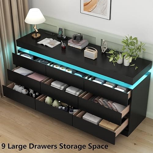 Gyfimoie 9 Drawer Dresser with Power Outlet, Dresser with LED Light, Modern Chest of Drawers for Closet, Double Wide Drawer Organizer Cabinet for Bedroom, Living Room (Black, 9 Drawers) thumbnail 5