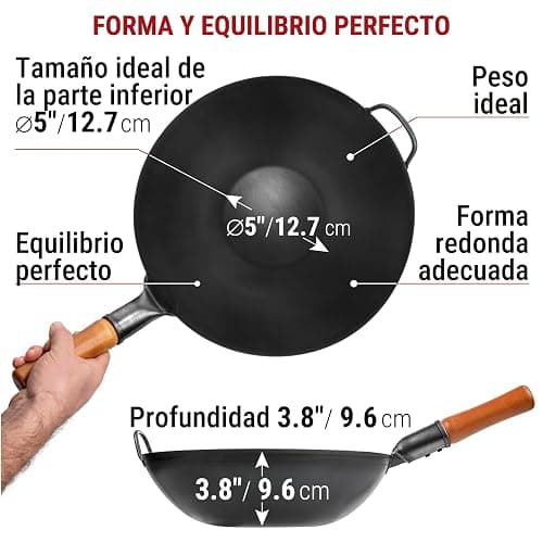 YOSUKATA Sarten Wok de Acero al Carbono 34 cm - Pre-sazonado Wok Fundo Plano - Wok Induccion Tradicional - Sin Сobertura Química - Compatible Con Cocinas de Gas, Inducción, Eléctricas y Fuego Abierto thumbnail 2