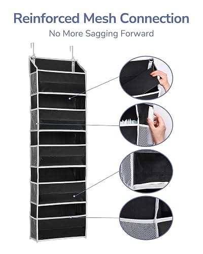 ULG 1 Pack Over The Door Organizer – 5 Shelf Door Organizer Hanging & 10 Side Pockets, Reinforced 44LB Capacity Hanging Organizer, Behind The Door Storage for Bedroom, Nursery, Pantry (Black) - Black - 1 Pack thumbnail 7