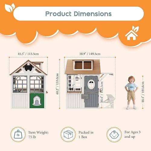 Albott Outdoor Wooden Playhouse with Kitchen Playset, Backyard Cottage Playhouse for Kids with Bench, Awning, Chalkboard, Pet Door and Dutch Door, Pretend Play House for Boys and Girls Ages 3-8 thumbnail 3