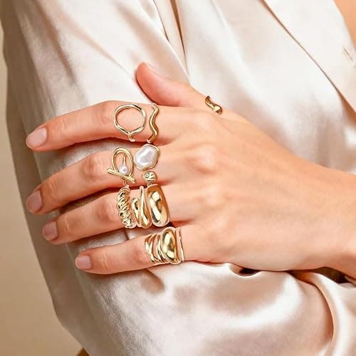 Gold-Tone Plate Chunky Rings for Women | Stackable Open Knuckle Rings, with Multiple Style Trendy Jewelry for Her thumbnail 6
