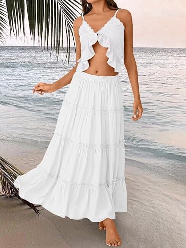 Trendy Queen Long Skirts for Women Boho Maxi Skirt Summer Swing Tiered A-Line Elastic High Waist Dress with Pockets Fashion thumbnail 5
