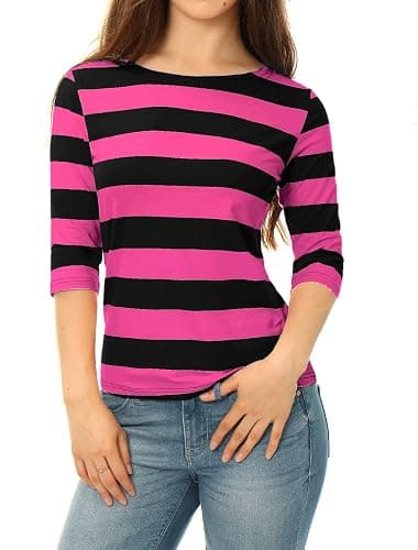 Allegra K Women's Elbow Sleeves Top Casual Boat Neck Slim Fit Stripe T-Shirt - Image 1