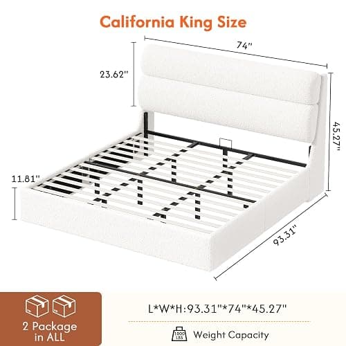 DICTAC California King Boucle Bed Frame with Headboard, Upholstered Platform Bed with Wood Slats, Soft Cloud Bed with Solid Wood Legs, No Box Spring Required, Easy Assembly, Cream thumbnail 2
