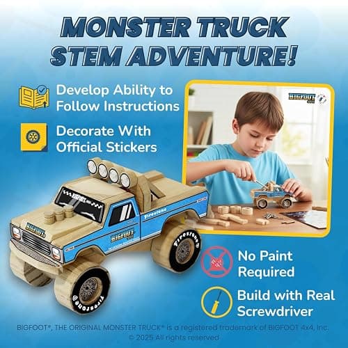 DIY Bigfoot 1 Monster Truck Wooden Kit w/Stickers (Small 5")- Officially Licensed Kids Building Kit - Wood Building Kits for Kids & Stem Toys for Ages 5-8 Years - Arts & Crafts Kits for Children thumbnail 5