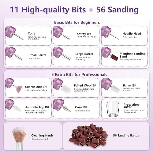 TUOBEO Cordless Nail Drill Electric Nail File Kit Rechargeable Professional Efile Nail Set, Portable Acrylic Gel Nail Polish Remover Machine Pedicure Manicure Tool, 11 Bits 56 Sanding Bands Salon Home - Purple thumbnail 9