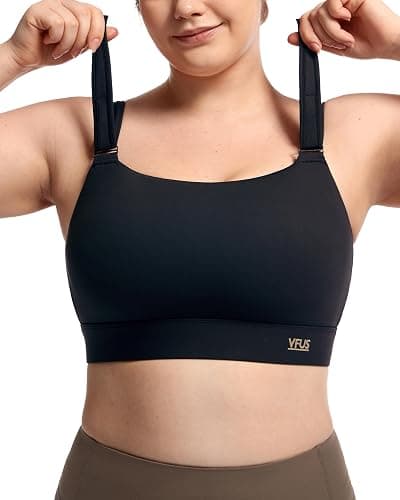 VFUS Women's Sports Bra Wirefree Adjustable Medium-High Support Everyday Wear for Large Bust Plus Size with Removable Pads - Black - Large - Image 1