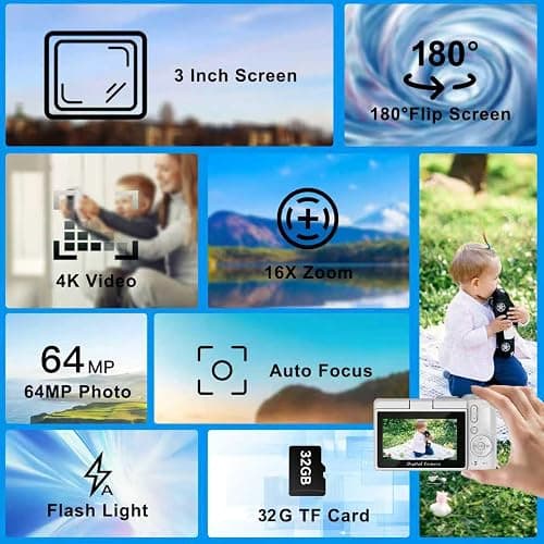 4K Digital Camera for Photography and Video, 2025 Latest 64MP Vlogging Camera for YouTube with 32G TF Card 180°Flip Screen Compact Travel Camera 16X Zoom, Anti-Shake,Suitable for Beginners, White thumbnail 2