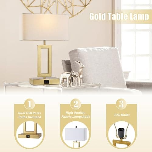 gernehop Gold Table Lamps Set of 2 with Dual USB Ports,3-Way Dimmable Touch Control Bedside Lamps,Modern Bedroom Table Lamp for Living Room,Nightstand LED Bulbs Included thumbnail 5