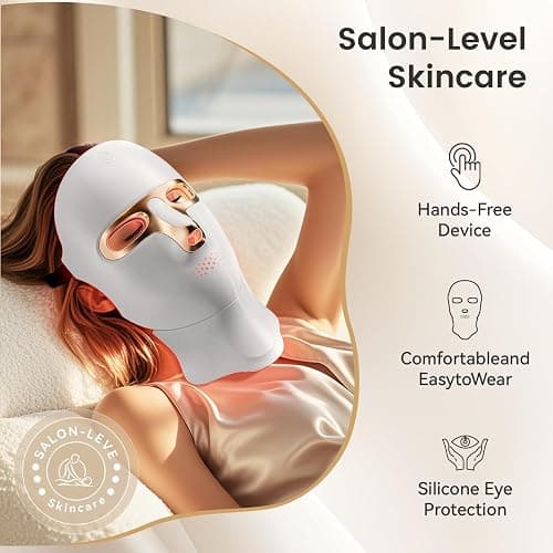 tinkoola Red Light Therapy Mask for Face & Neck, LED Face Light Therapy,USB C Rechargeable,Infrared Mask for Home Working Travel Yoga (White Gold) thumbnail 4