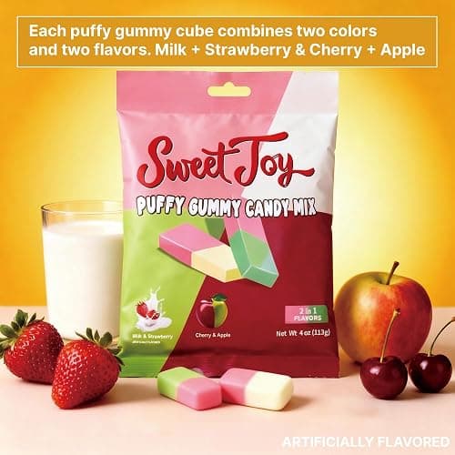 SweetJoy Puffy Gummy Candy Mix Fat Free Milk, Strawberry, Cherry, Apple Flavored Candy 16oz Total (4 Bags × 4oz), Value Pack Perfect for Birthdays, Halloween, Parties, Travel, Kids and Adults thumbnail 3
