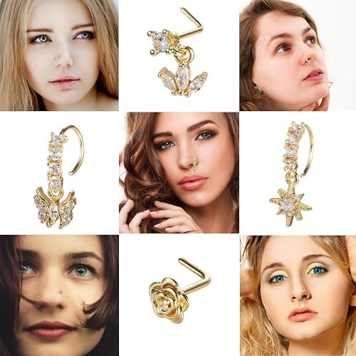 SAMOCO 20Pcs 20G Dangle Nose Ring L Shaped Dangling Nose Stud for Women Stainless Steel Nose Ring Studs CZ Flower Dangle Nose Rings Hoops Nose Piercing thumbnail 4