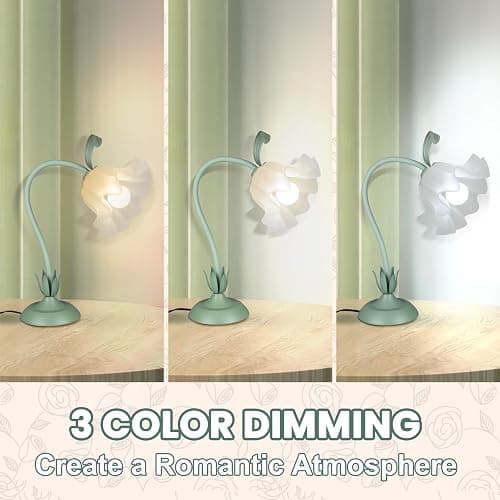 Flower Desk Lamp,LED Reading Light Bedside Vintage Flower Night Light,3 Colors Modes Cute Bedside Lamps Decor,Living Room Bedroom Room Kawaii Lighting Table Lamps Home Decoration (Green) thumbnail 2