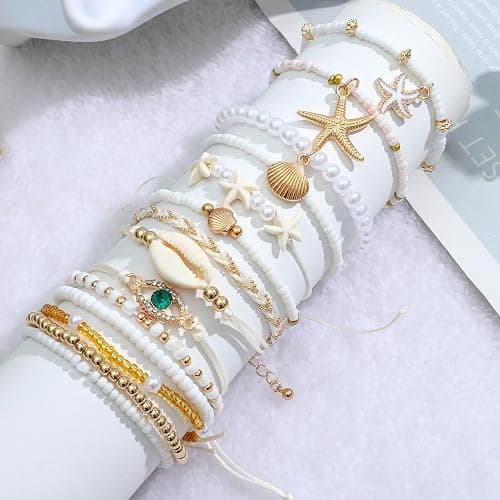 NEWITIN 49 Pieces Gold Jewelry Set for Women Boho Beach Jewelry Set Summer Ocean Seashell Starfish Necklaces Bracelets Toe Rings Earrings for Women thumbnail 3