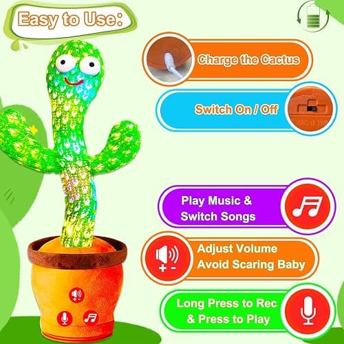 Rechargeable Dancing Talking Cactus Toy for Baby, Volume Adjustable, Singing, Mimicking, Repeating, Kids Baby Toys for Girls Boys, Birthday or Chirstmas Gifts for Grandkids, Stocking Stuffers for Kids thumbnail 7