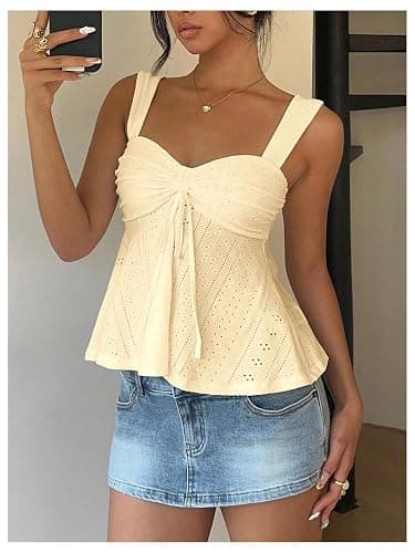 Milumia Women's Eyelet Tie Front Ruched Tank Tops Y2k Going Out Peplum Top | Babydoll, Sexy Slim Fit, Sleeveless, Flowy, Summer, Beach Vacation Outfits, Country Concert thumbnail 4