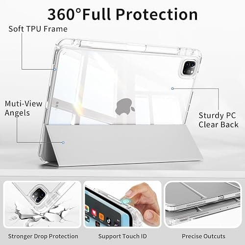 ZOYU Case for iPad Air 13 Inch Case M4/M3/M2 (2026/2025/2024), Pro 12.9 Inch (6th/5th Gen, 2022/2021) with Pencil Holder, Clear Transparent Back Cover, Support Auto Wake/Sleep &Touch ID, Light Grey thumbnail 4