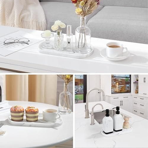 Luxspire Vanity Tray, Toilet Tank Oval Storage Tray, Resin Soap Tray, Bathroom Countertop Organization, Vanity Organizer for Candles, Soap, Towel, Plant, Medium, 11.4 Inch, Marble White thumbnail 7