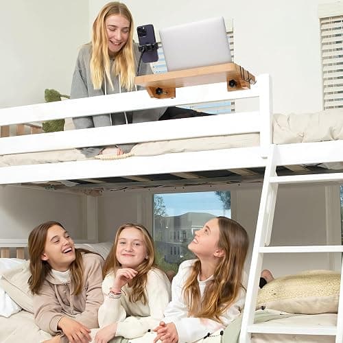 Fivebop Bedside Shelf for Dorm Bed & Top Bunk, Bamboo Bed Side Table Tray with Cup Phone Holder & Hooks, Bedside Caddy, Clip on Nightstand Bedside Storage College Dorm Room Essentials (Bamboo) thumbnail 7
