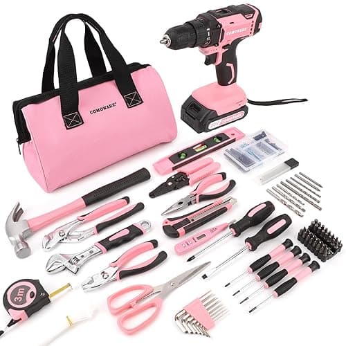 COMOWARE 171Pcs Home Tool Kit with Drill, Pink Drill Set for Women, Lady's Home Repairing Tool Kit with 20V Power Drill, with a Large-Capacity Tool Storage Bag - Pink2