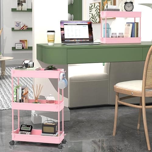 SPACEKEEPER Slim Rolling Storage Cart, 3 Tier Bathroom Organizer Utility Cart Laundry Room Organization Mobile Shelving Unit for Kitchen, Bathroom, Office, Bedroom, Narrow Places, Pink thumbnail 6
