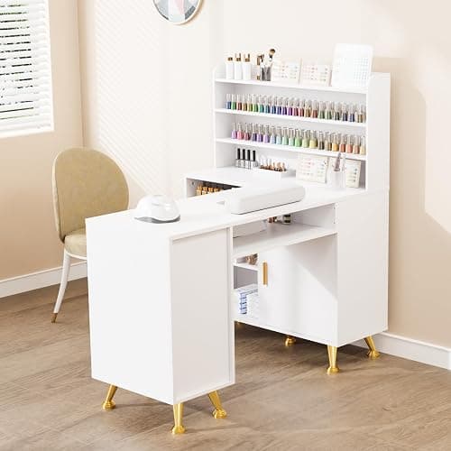 OmySalon L Shaped Manicure Table with Dust Collector, 52" L Corner Nail Desk for Nail Techs, w/Polish Display Rack Arm Rest, Acetone Resistant Top, Drawer and Cabinet Storage, for Nail Salon thumbnail 2