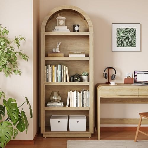 Bestier 76" Tall Arched Bookcase, 5 Tier Arched Bookshelf with Adjustable Book Shelf, Large Wood Bookshelf, Modern Farmhouse Open Display Book Case for Bedroom, Home Office,Living Room, Natural Oak thumbnail 9