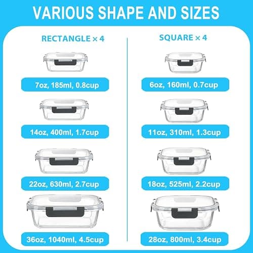 Pure Future 16-Piece (8 Sets) Borosilicate Glass Food Storage Containers, Meal Prep & Lunch Boxes, BPA-Free Airtight Locking Lids, Leak-Proof, 400°C Oven/Microwave/Freezer/Dishwasher Safe thumbnail 5