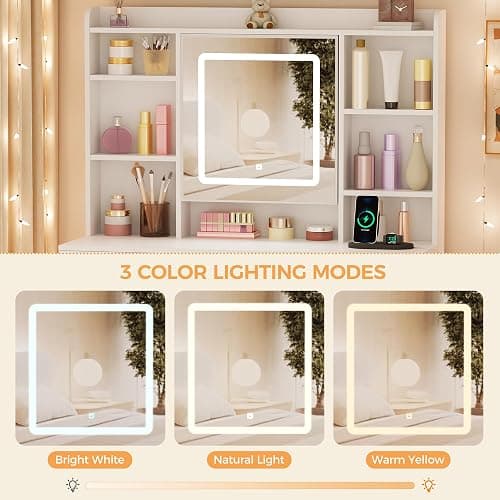 BEWISHOME Vanity Desk with Mirror and Lights, Makeup Vanity Table with Power Outlet,Stool Vanity Table with 9 Drawers 6 Storage Shelves Jewelry Storage,Dressing Table for Bedroom Girls White FST36W thumbnail 5