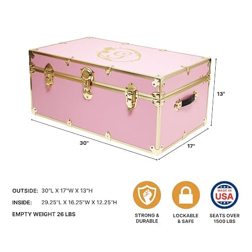 Rhino Trunk & Case Spellbinding Pink Trunk with Gold Hardware & Monogram Customization - 30"x17"x13" Footlocker for College Dorm, Summer Camp, Decorative Bedroom Treasure Chest, Keepsake Storage Box thumbnail 4