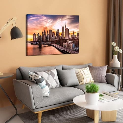 Extra Large New York City Wall Art Modern Cityscape Pictures Bedroom Wall Decor Sunset Panoramic Photo Canvas Poster Building Skyscraper Painting Artwork for Living Room Office Home Decorations 32x48” thumbnail 3
