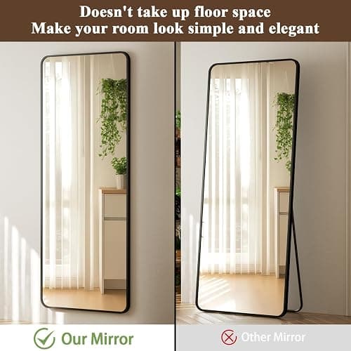 VooBang 14"x48" Full Length Over The Door Mirror - Aluminum Alloy Frame Full Body Mirror with Height-Adjustable Hangers, Hanging Leaning Against Wall for Dorm, Black thumbnail 5