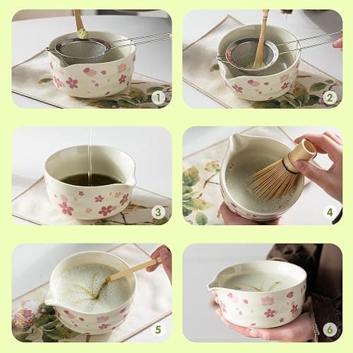 Grnstf Matcha Set 8-Piece Japanese Tea Ceremony Kit with Ceramic Bowl, Bamboo Whisk & Holder, 2 Scoops, Strainer, Tea Cloth - Complete Gift Set for Traditional Brewing(Gradient flower) thumbnail 6