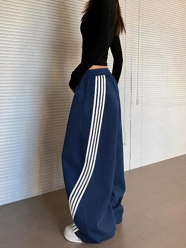 EMMIOL Women’s Y2K Baggy Barrel Striped Sweatpants, High Waisted Wide Leg Pants, Joggers with Drawstring Waist and Cuffs thumbnail 3