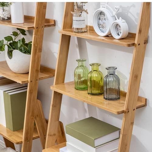 Maydear Bamboo Ladder Shelf Bookcase, 5-Tier Leaning Bookshelf Free Standing Organizer Storage Shelves for Living Room, Bedroom, Kitchen, Home Office, Balcony, Natural Wood thumbnail 7