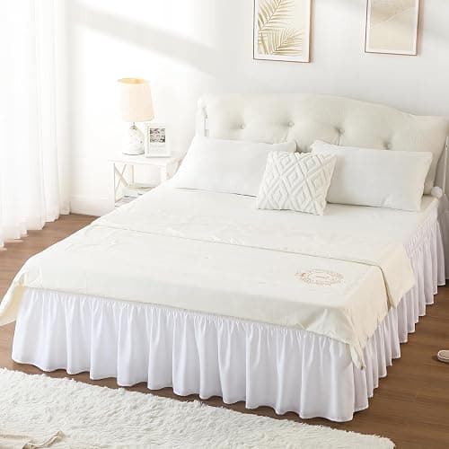 RIMELA Queen Bed Skirt 14 Inch Drop White, Wrap Around Elastic Bed Skirts Queen Size Dust Ruffle, Bedskirt for Adjustable Bed Base Solid Silky Fabric Machine Washable Easy to Install thumbnail 6