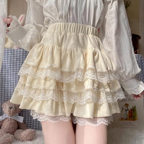 Lolita flauschiger Rock mit Shorts, für Teenager, Mädchen, Mini-Kawaii-Spitze, gestufte Rüschen, hohe Taille, flauschiger Faltenrock thumbnail 5