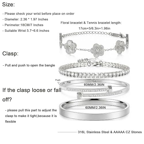 Camhanno Silver Bracelets for Women-4Pcs 18K Gold Plated Love Bangle Tennis Clover Nail Bracelets Stack Set for Women Trendy Non Tarnish Stainless Steel Gold Bangles Accessories Designer Jewelry thumbnail 5