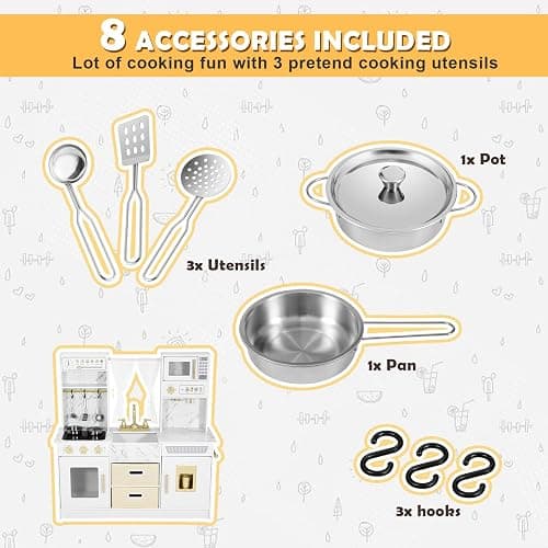 JOYLDIAS Play Kitchen, Wooden Kids Play Kitchen Playset Chef Pretend Play Set for Toddlers w/Ice Cube Dispenser, Oven, Cooking Accessories,Trendy Home Style w/Curtains, Storange Box, Gift for Ages 3+ thumbnail 8