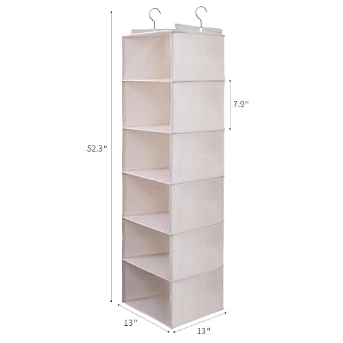 tulinstiraga Large Hanging Sweater Organizer for Closet,Collapsible 6-Shelf Hanging Closet Shelves with Drawers, Washable (Beige -6 Shelf-1 d) thumbnail 3