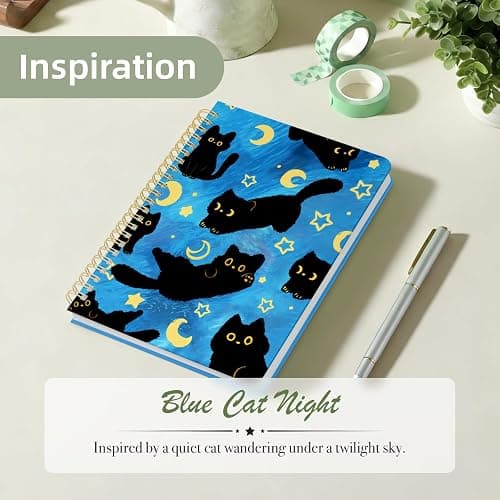 Stanoha Cute Spiral Notebook A5 Journal for Women Girls Kawaii Aesthetic Pretty Floral Design with Pocket, 8.5 x 5.7 inch, Line, Blue Black Cat thumbnail 4