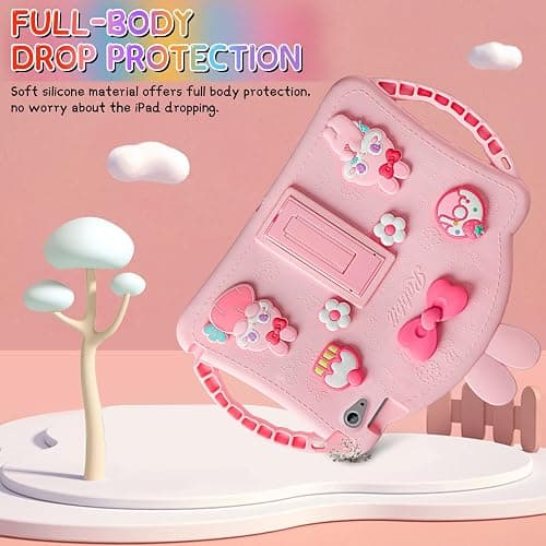 WESADN for iPad 10th Generation Case 10.9 Inch 2022 Kids Girls for iPad A16 Case 11th Gen 11 Inch 2025 with Screen Protector Shoulder Strap Kickstand Keychain Cute Rabbit Silicone Tablet Cover,Pink thumbnail 7