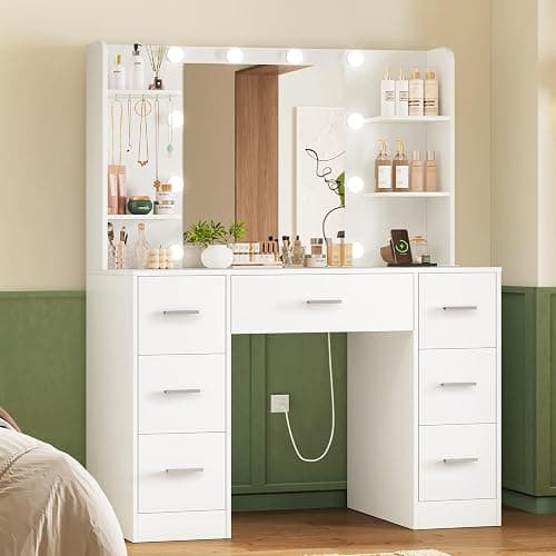 TEENFON Large Makeup Vanity, Vanity Desk with Mirror and Lights, Power Strip, Makeup Vanity Table with 7 Drawers, 4 Shelves and 5 Jewel Hooks, Bedroom, White thumbnail 7