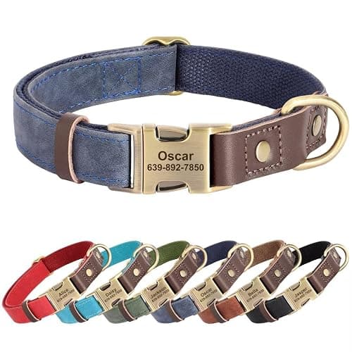 Personalized Leather Dog Collars, Buckle, Blue,L | Custom with Pet Name and Phone Number, Soft and Durable PU Leather, Adjustable for Large Dogs, Daily Walks, L,Neck 16-23" - Image 1