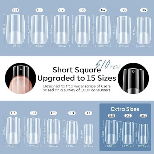 modelones X Nail Gel Kit, 9-in-One Glue Prep Dehydrator & Portable Led Lamp | 15Sizes Gel Nail Tips Short Square 510Pcs Pre-shaped Square Press On Extension Kit DIY Salon Home Gift for Women thumbnail 2