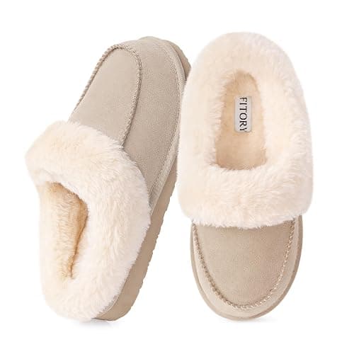 FITORY Women's Suede Slipper, Flat Slip On House Shoes with Faux Fur Lining Indoor Outdoor Short Mini Boots - Image 1