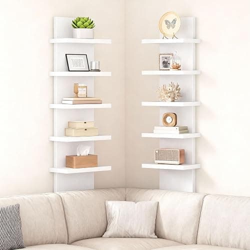 HOOBRO 5 Tier Wall Shelf Unit, 2 Pack Floating Shelves Wall Mounted, Wall Mount Vertical Shelving, Floating Storage Rack, Organizer Tall Tower Design for Livingroom, Bedroom, Kitchen, White WT18BJP201 thumbnail 7